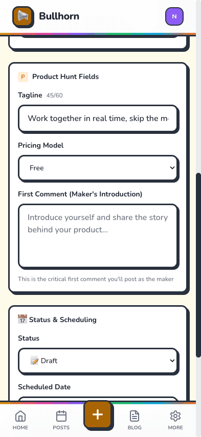 Product Hunt specific fields