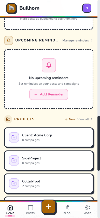 Dashboard projects section